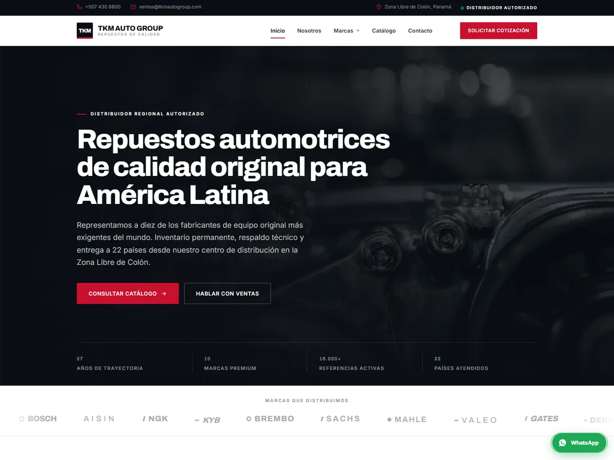Spanish-language corporate website for an automotive parts distributor with ten brand pages and a searchable parts catalog