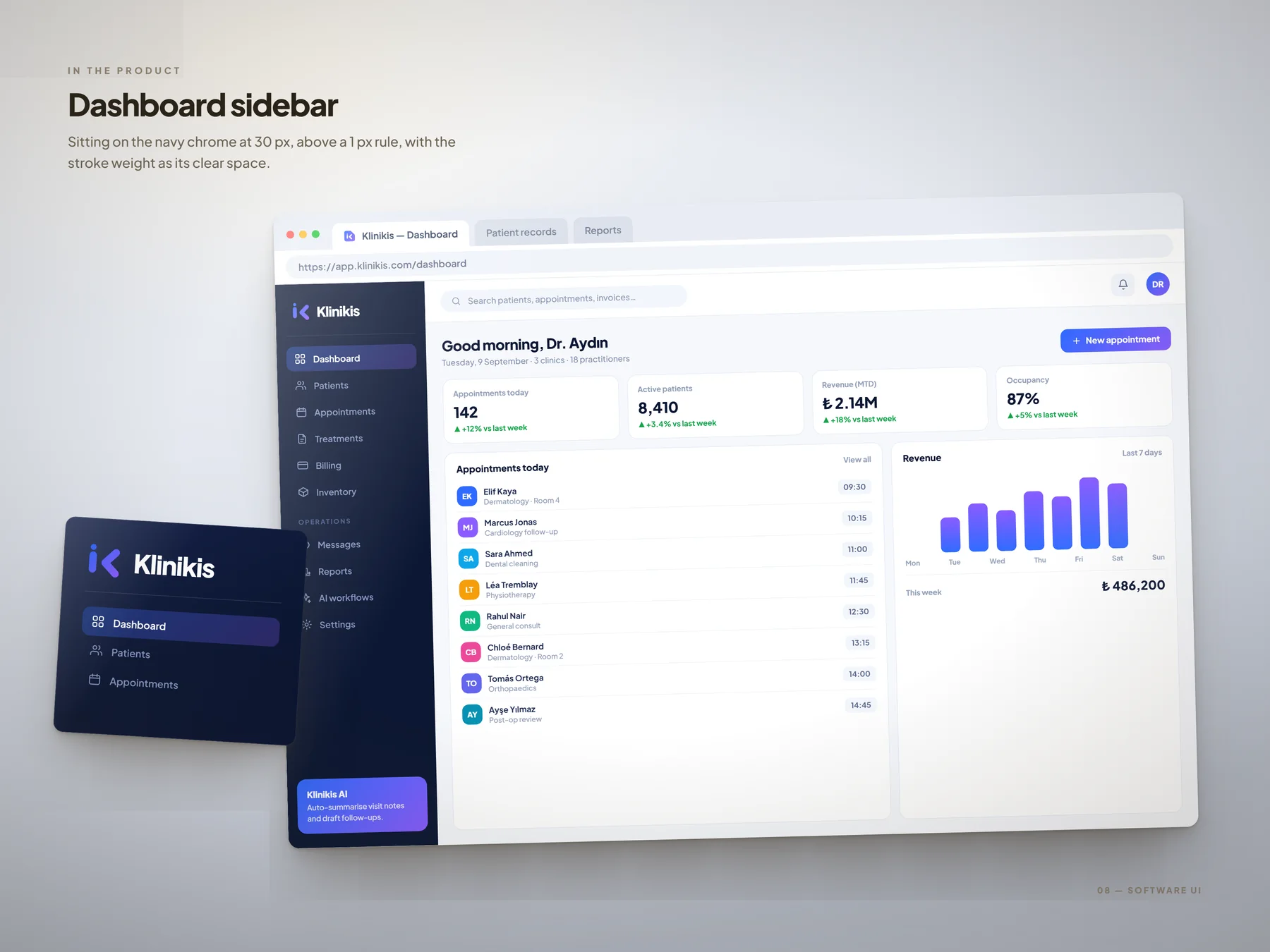 The logo in the product: a clinic-management dashboard in a browser window with the logo in the navy sidebar