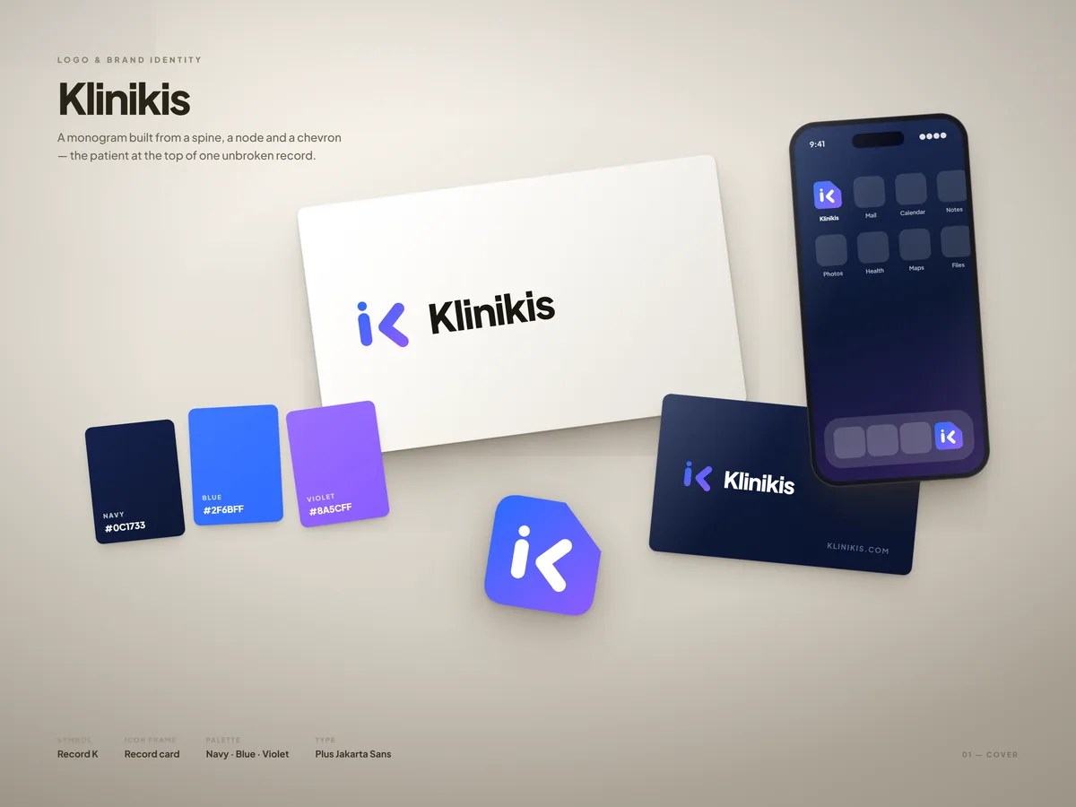 Cover board: the logo printed on paper cards, a navy business card, colour swatches and the app icon on a phone home screen