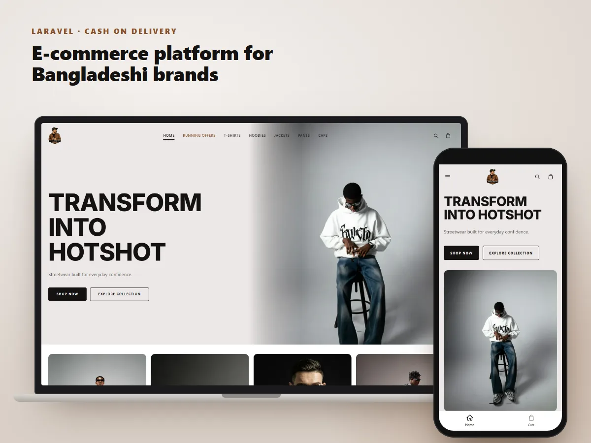 Cash-on-delivery e-commerce platform for Bangladeshi brands, a streetwear store shown on a laptop and a phone