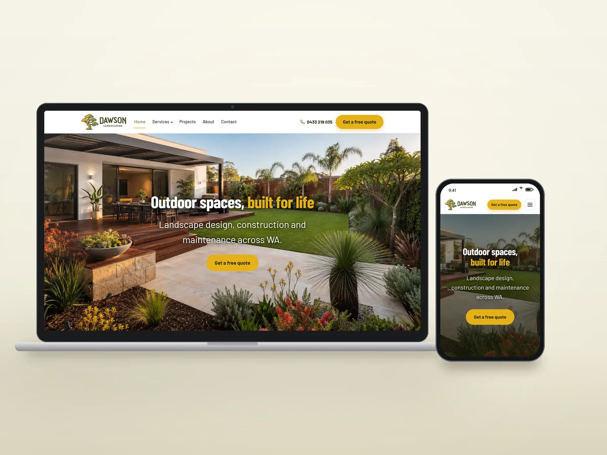 Dawson Landscaping website for a Perth landscaper, a custom WordPress theme shown on a laptop and a phone