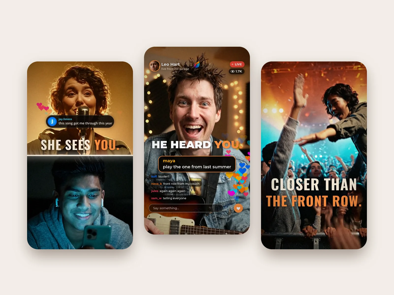 Two vertical promo films for a music live-streaming app: a split screen of a singer and a fan, a live room with comments and hearts, and a concert crowd reaching for the stage