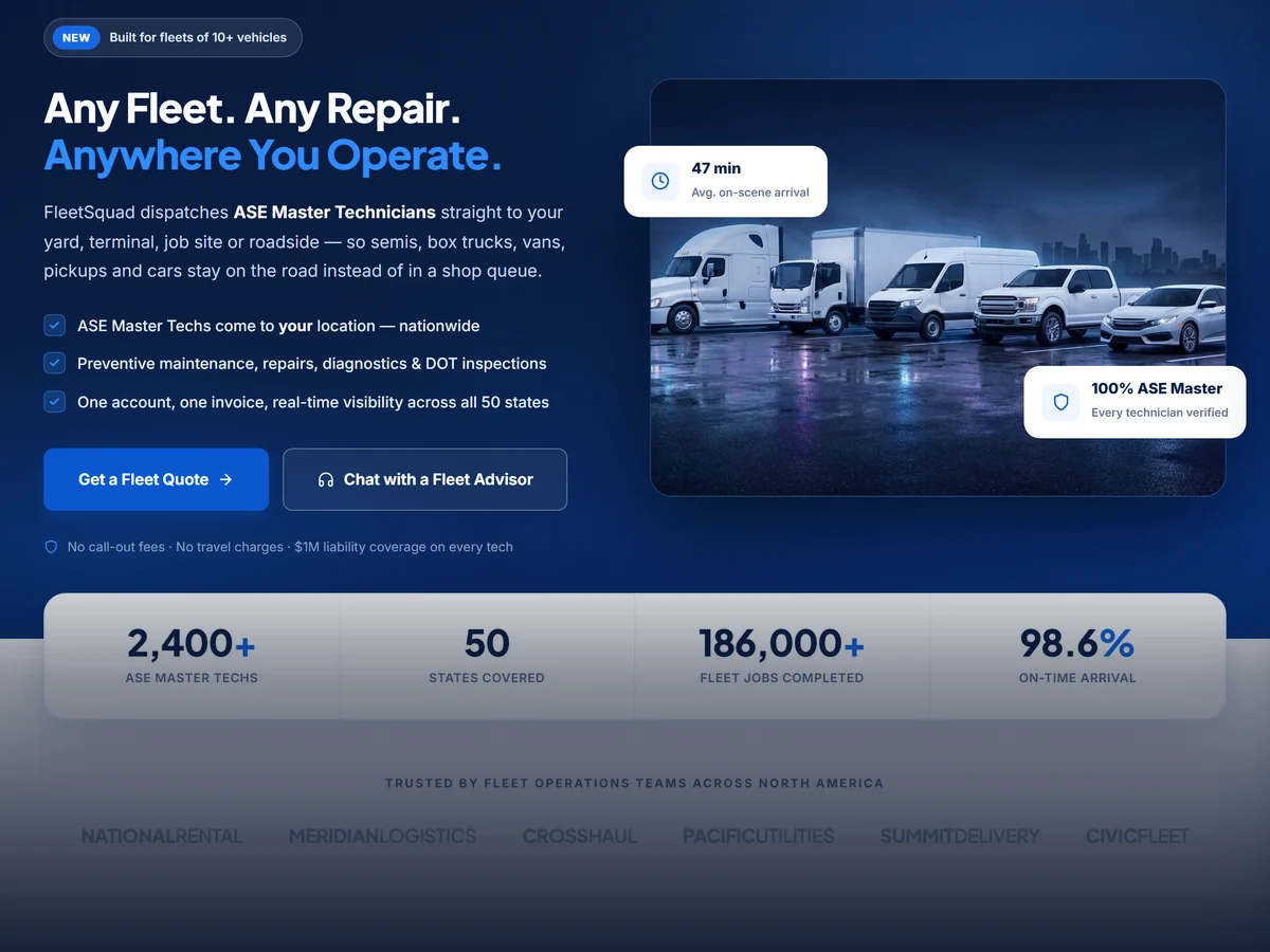 Mobile fleet maintenance platform website with live advisor chat