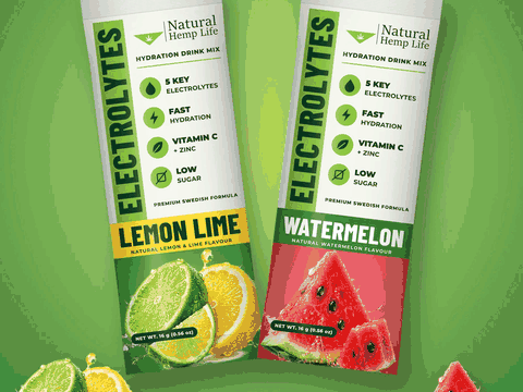Natural Hemp Life electrolyte drink mix stick packs in Lemon Lime and Watermelon, with a lime green vertical band and big fruit photography