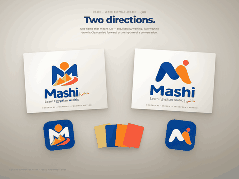 Mashi Egyptian Arabic learning app, two logo directions on printed cards with their app icons