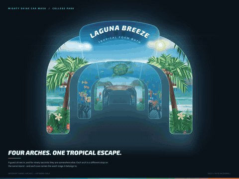 Tropical car wash tunnel arch artwork called Laguna Breeze