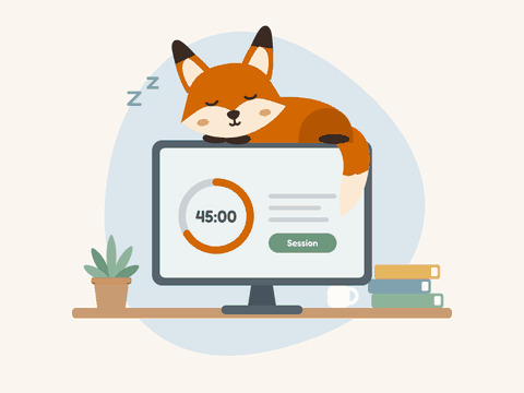 SessionFox fox mascot napping on a library PC while the session timer runs