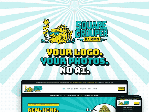 Square Grouper Farms retro screen-print graphics with the fish mascot