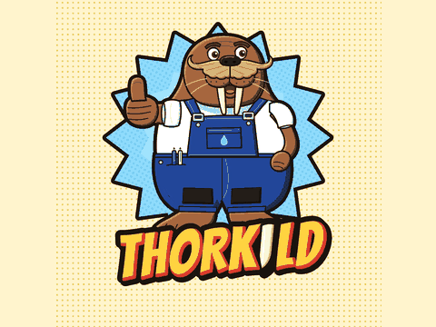Thorkild, a comic-book walrus mascot in navy overalls giving a thumbs-up above a yellow and red THORKILD wordmark