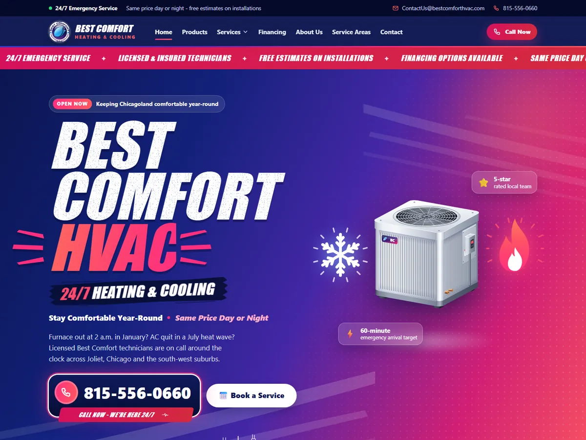 Multipage heating and cooling company website in bold blue, pink and salmon, with a product catalog and service accordions