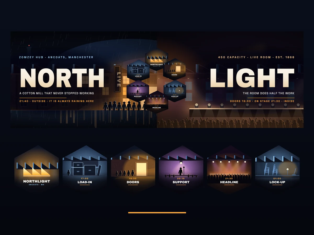 Live music venue brand identity with paired wide cover artwork and a hexagon image gallery, drawn entirely in vector