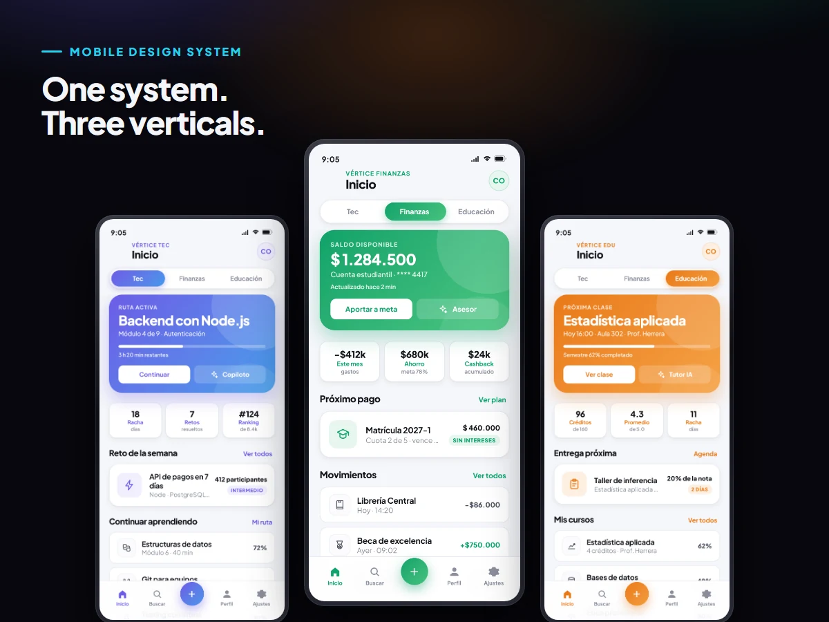 Multi-sector mobile design system prototype themed for technology, finance and education verticals