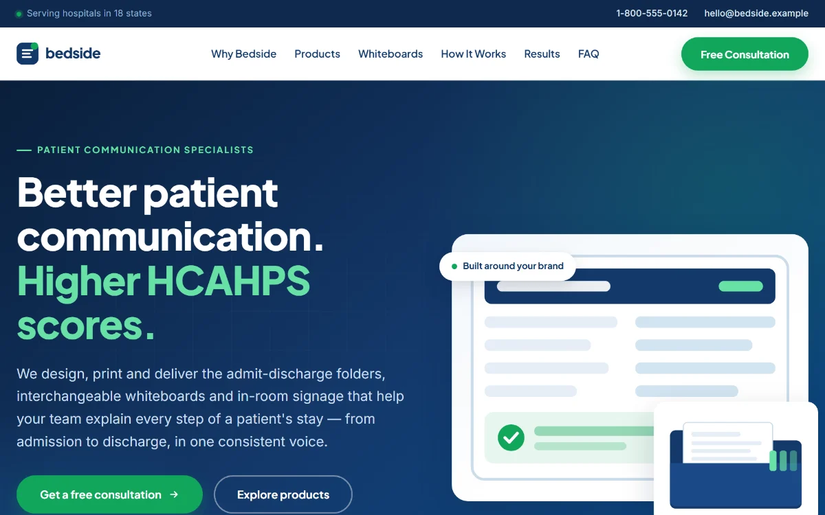 Healthcare patient-communication supplier one-page landing concept