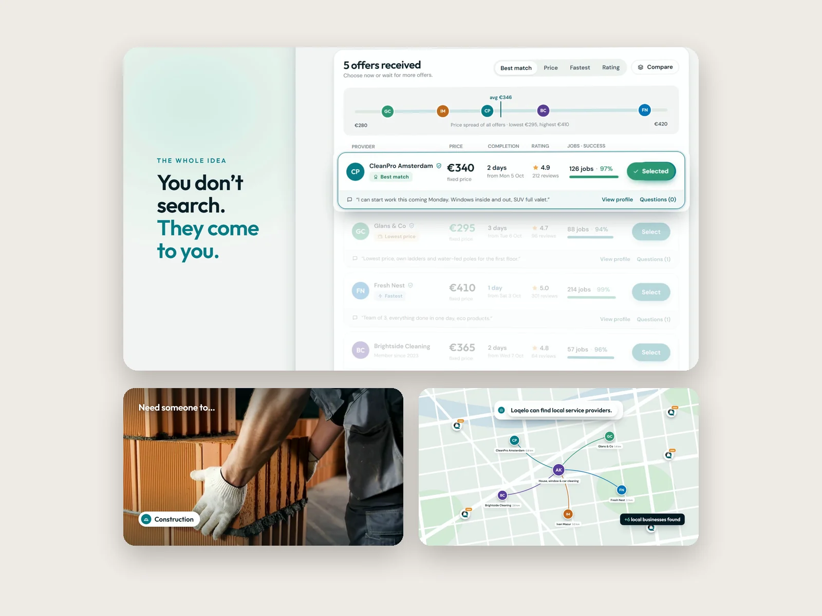 Promo film for a home services marketplace: an offers screen with one contractor selected, a facade cleaning clip with a service label, and an animated map matching local contractors