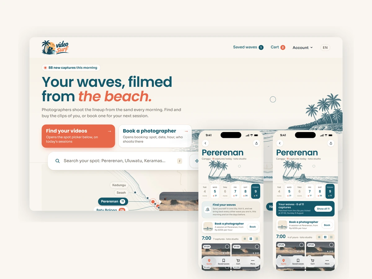 Surf video marketplace design pass: a map home, a spot page with the day's captures and a photographer studio, shown on desktop and iPhone with hand-drawn spot headers