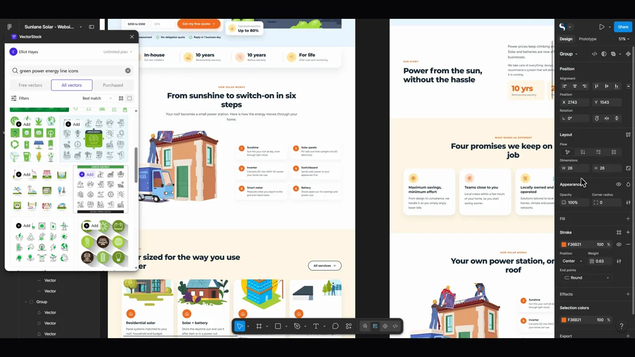 VectorStock Figma plugin demo: a whole solar website filled with vector artwork without leaving Figma