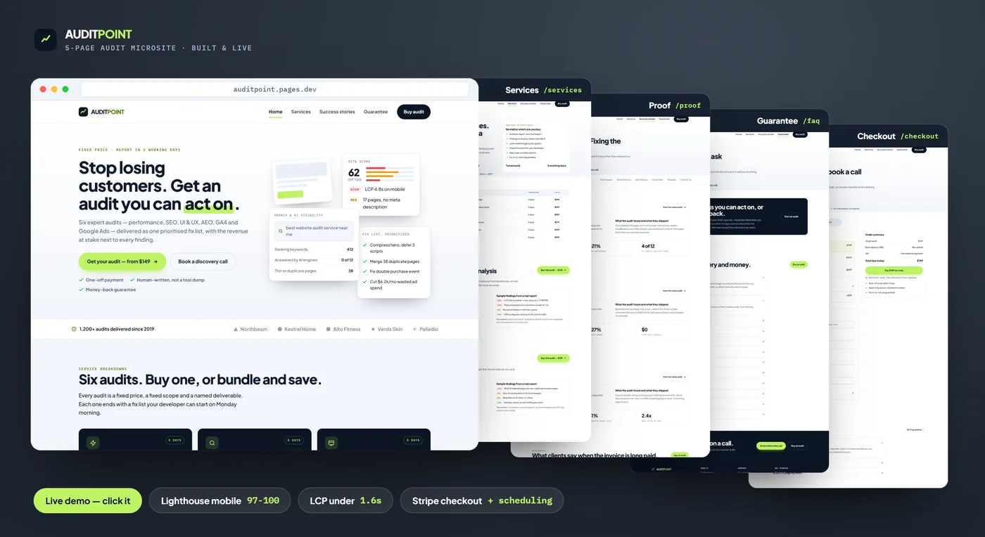 Website audit sales microsite, the homepage in a browser window with the services, results, FAQ and checkout pages cascading behind it