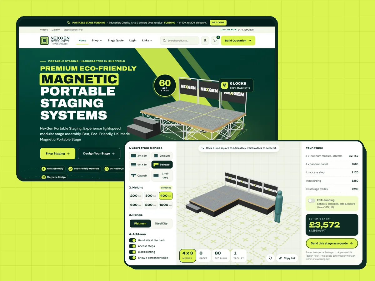 Portable staging homepage redesign: a dark green hero with a 3D magnetic stage, and a bright 3D stage builder with a live price panel