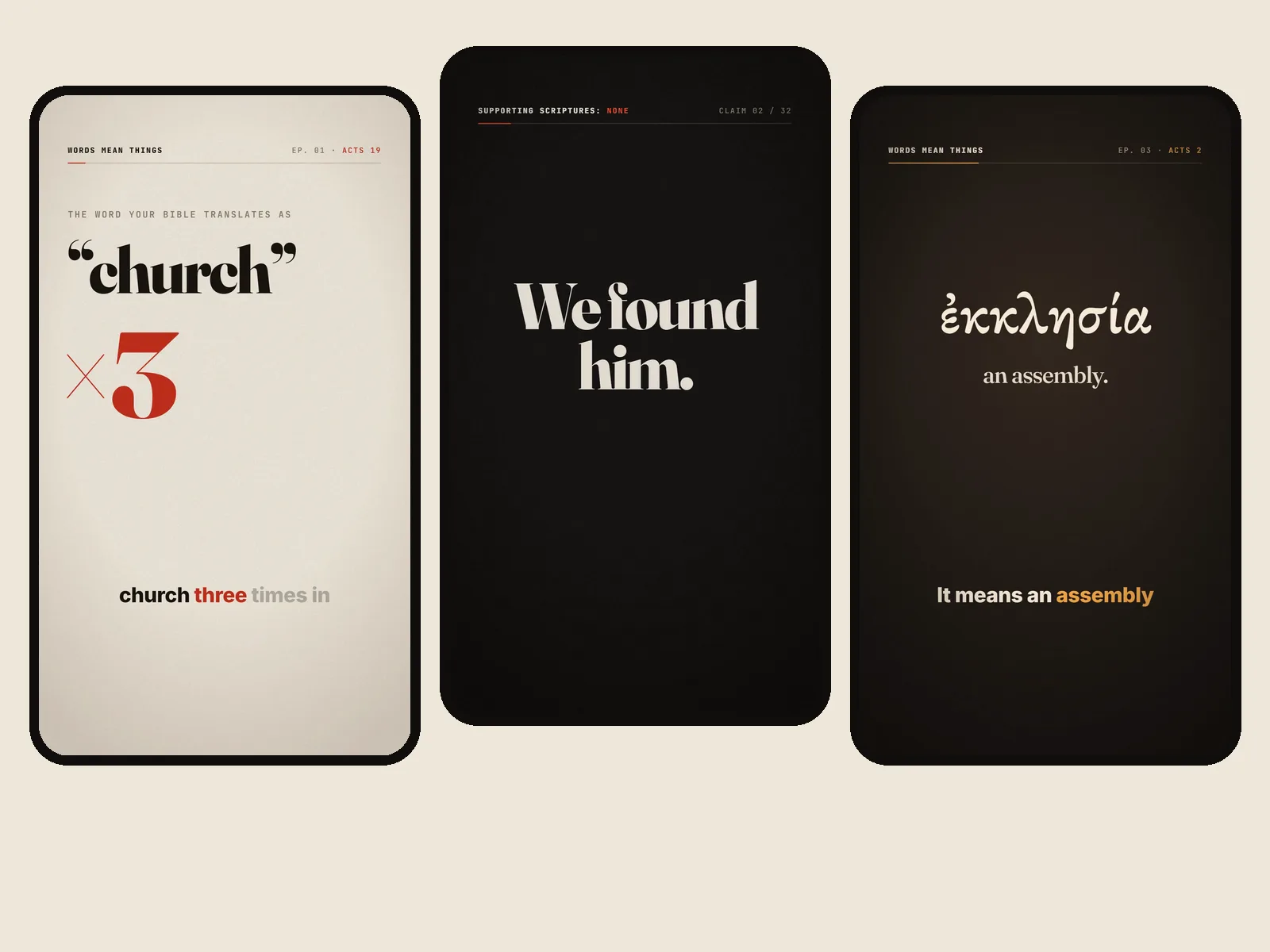 Three vertical social videos for a Christian media channel called Words Mean Things, in paper, black and evening amber looks