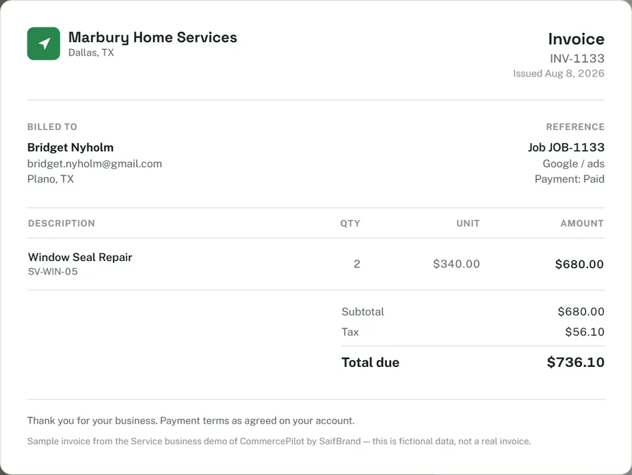 Printable invoice generated from an order