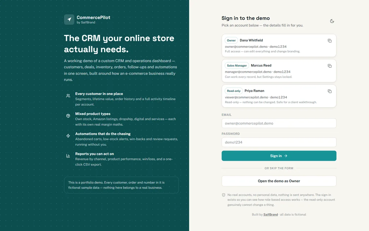 CommercePilot demo sign-in screen showing the three demo accounts