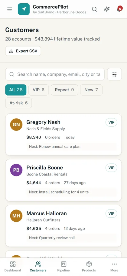 CommercePilot customer list on a phone