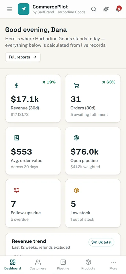 CommercePilot dashboard on a phone