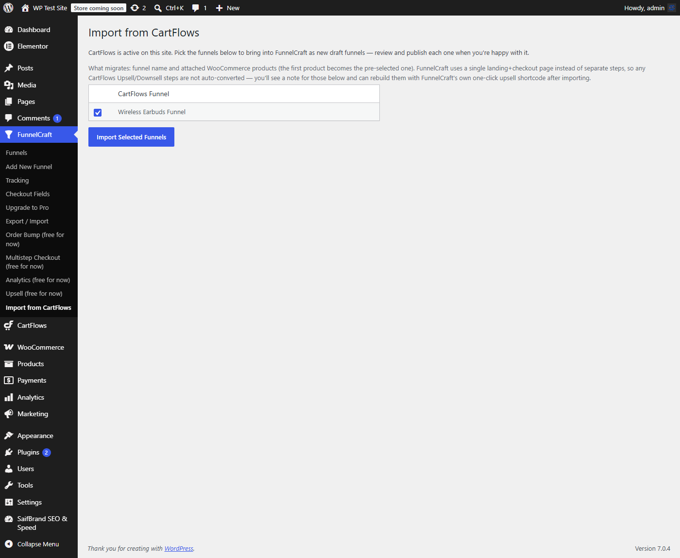 FunnelCraft's Import from CartFlows screen