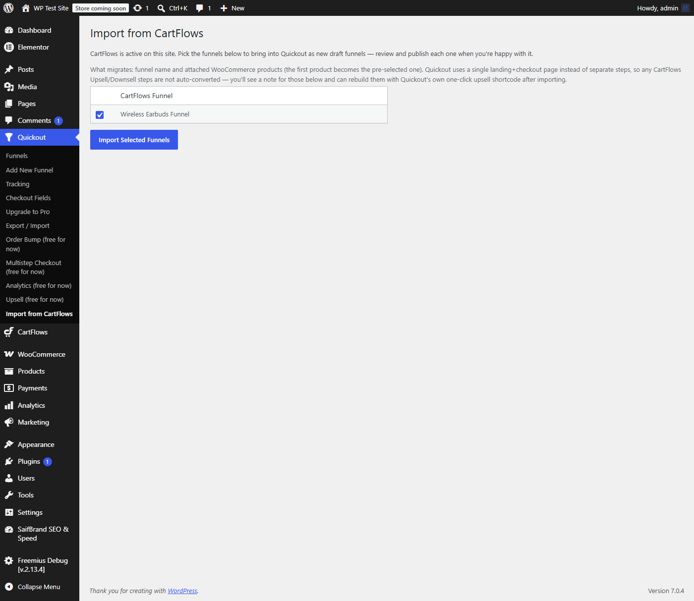Quickout's Import from CartFlows screen