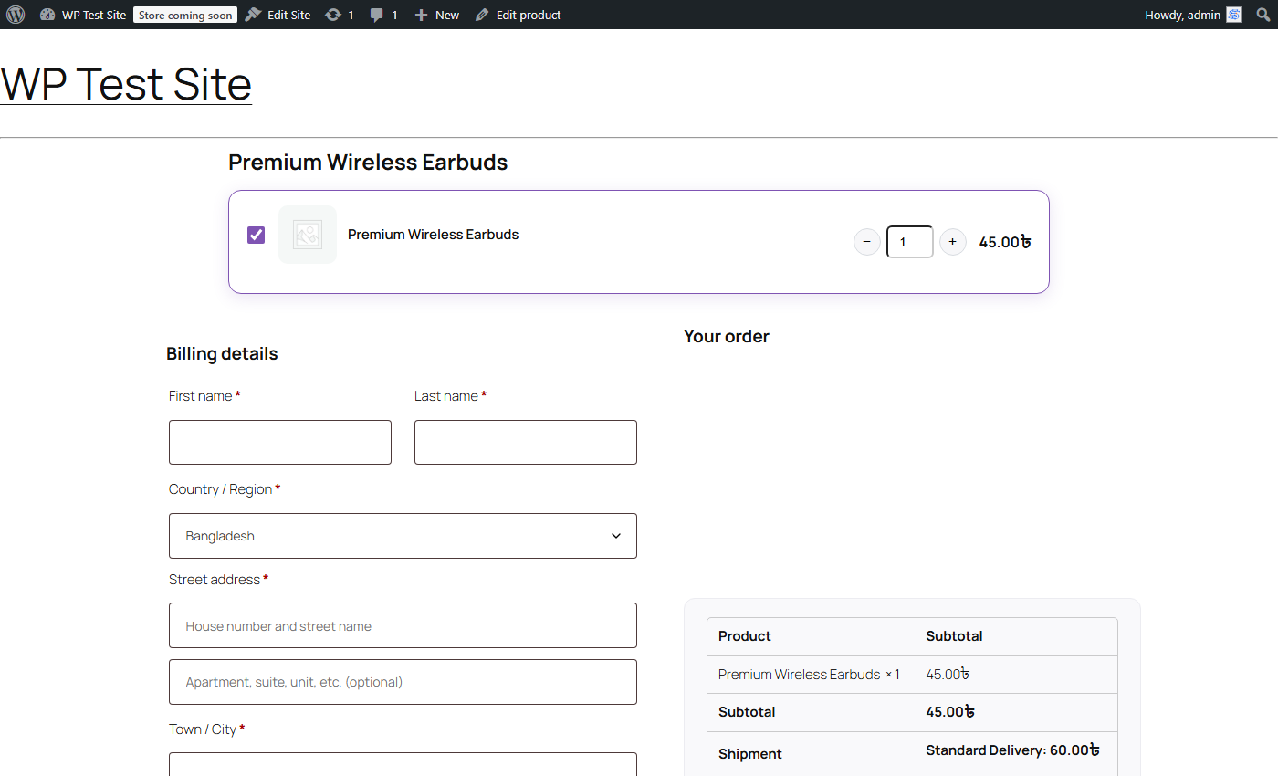 A WooCommerce product page showing Quickout's single-product checkout